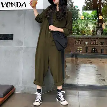 

VONDA Plus Size Jumpsuits Women Rompers Casual Wide Leg Pants 2020 Loose Lapel Neck Button Long Sleeve Solid Color Overalls