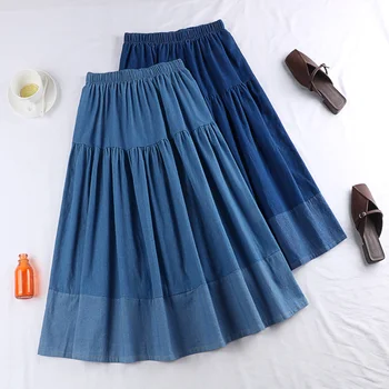 

D603 summer new han edition joker splicing pure color show thin denim high waist in long skirts women