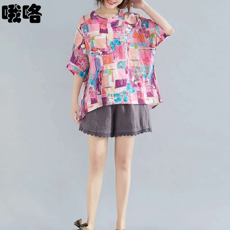 

2020 Summer Batwing Sleeve Loose T-Shirts Female Vintage Abstract Print Women T Shirt Big Size Cotton Linen Tee Shirt Femme Thin