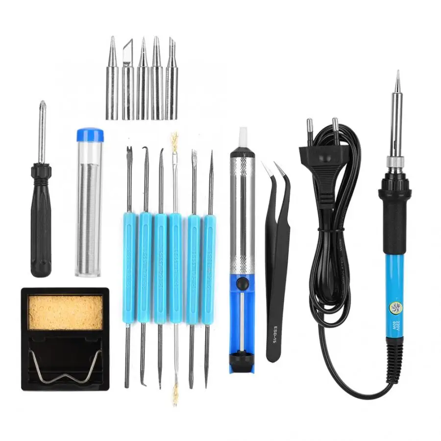 

19pcs 60W Adjustable Temperature Soldering Iron Kit with Tip Stand Desoldering Pump 110V/220V.