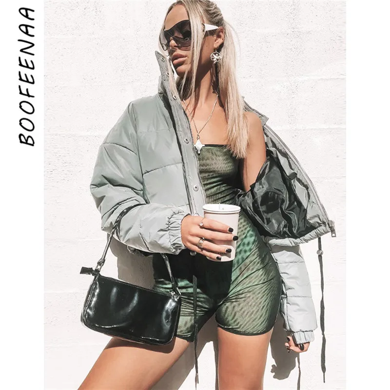 BOOFEENAA оверсайз Светоотражающие пуховик для женщин 2019 на осень зиму ветровка