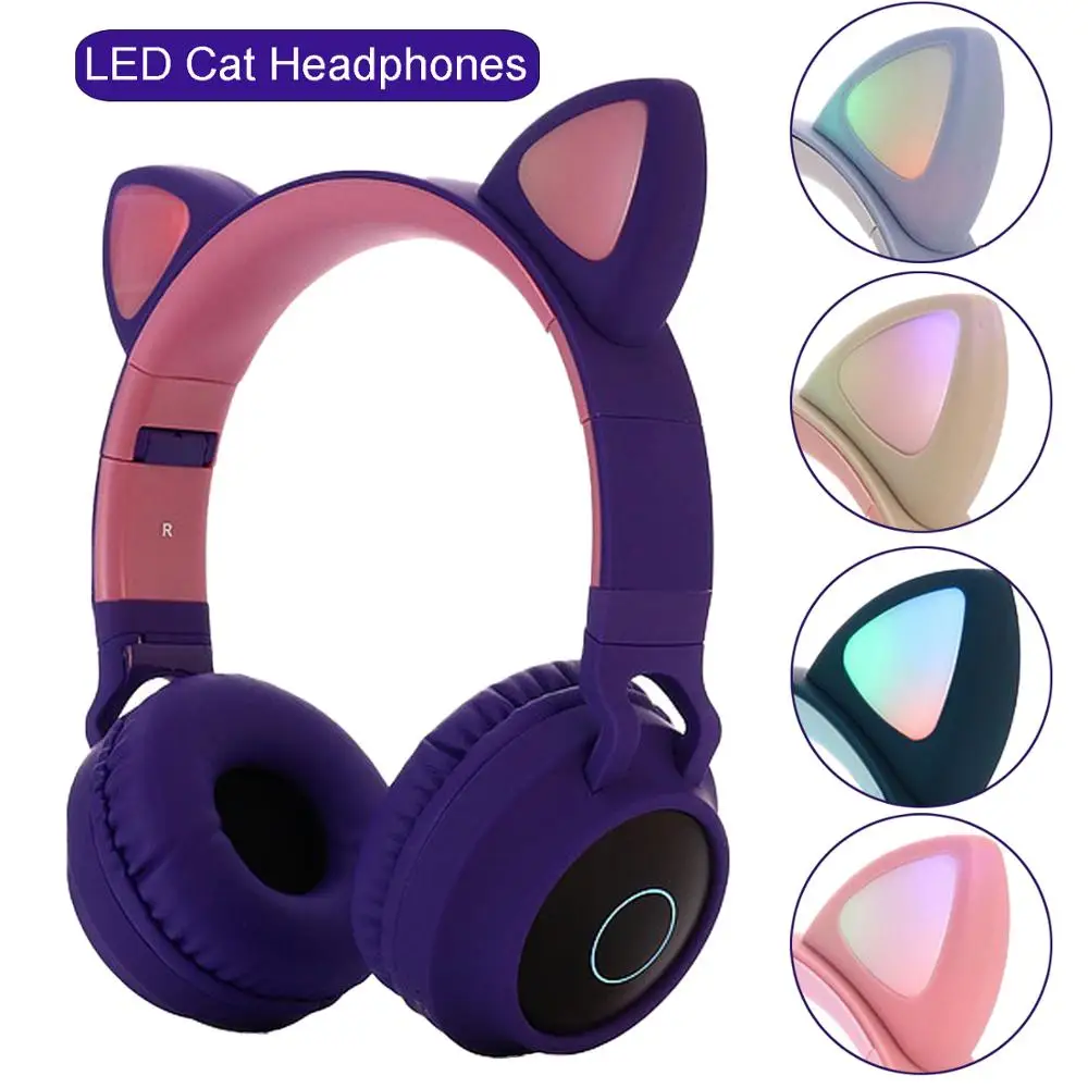 Vococal Cute Cat Headphone Foldable Over Ear Bluetooth 5 0 Headset with LED Light Support TF Card for Kids Gifts