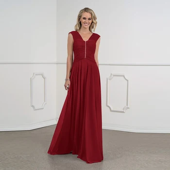 

New Graceful Burgundy Chiffon Full Length Mother of the Groom Dresses Deep V Neck Pleating Bodice Wedding Party Gowns Back Out
