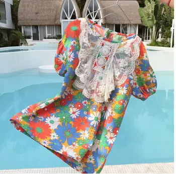 

2020 Summer Baby Girls Ins Korea Printed Lace Dress, Princess Kids Sweet Cotton Clothing 6 pieces/lot, Wholesale