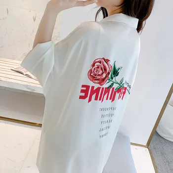 

Lapel Sleep Shirt Printed Flower Women Bathrobe Satin Nightgown Casual Kimono Gown Nightdress Loose Intimate Lingerie Sleepwear