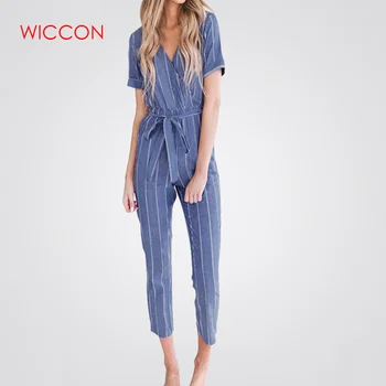

Women Casual Rompers Belt Ladies Striped Jumpsuits Female V-Neck Playsuits Pant Elegant Work Overalls Plus Size Pantalon