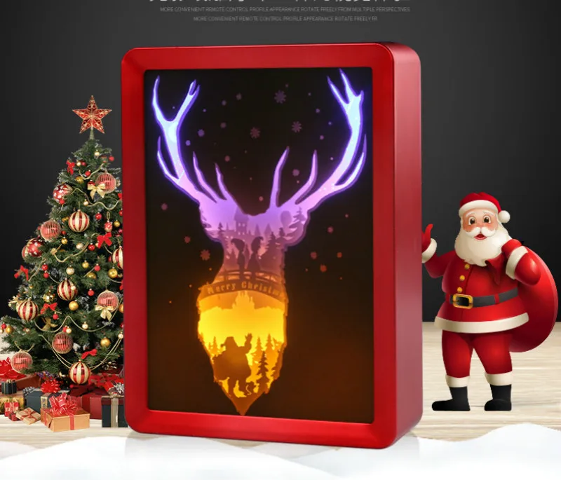 LED Night Lights Merry Christmas 3D Antelope Animal Shadow Paper Sculpture Light Box Unique Paper Cut Light USB Charging Bedside