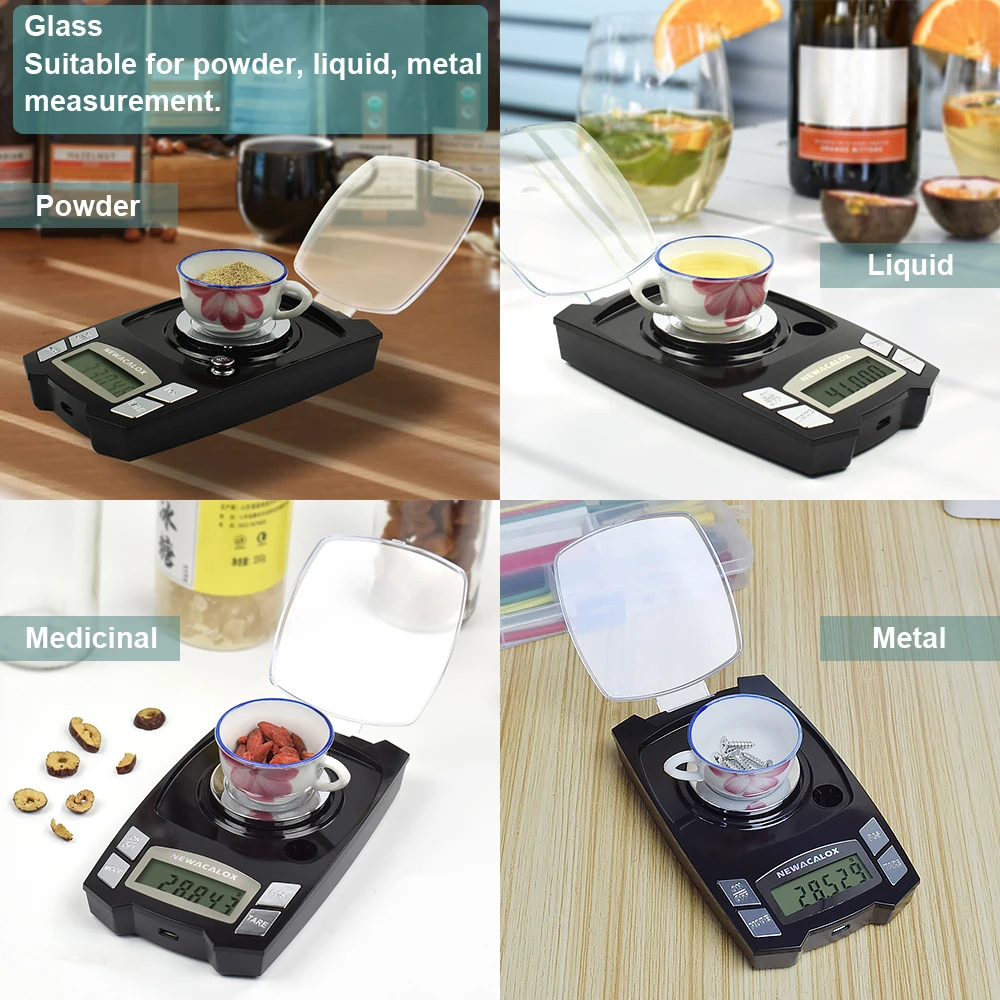 NEWACALOX 50g/100g x 0.001g USB 충전 보석 규모 LCD 디지털 포켓 정밀 전자 저울 약용 실험실 저울 무게