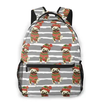

OLN Travel Backpacks Christmas Funny Pug In Sweater Winter Hat Girl Backpack For Women Large Capacity School Bag For Teenage