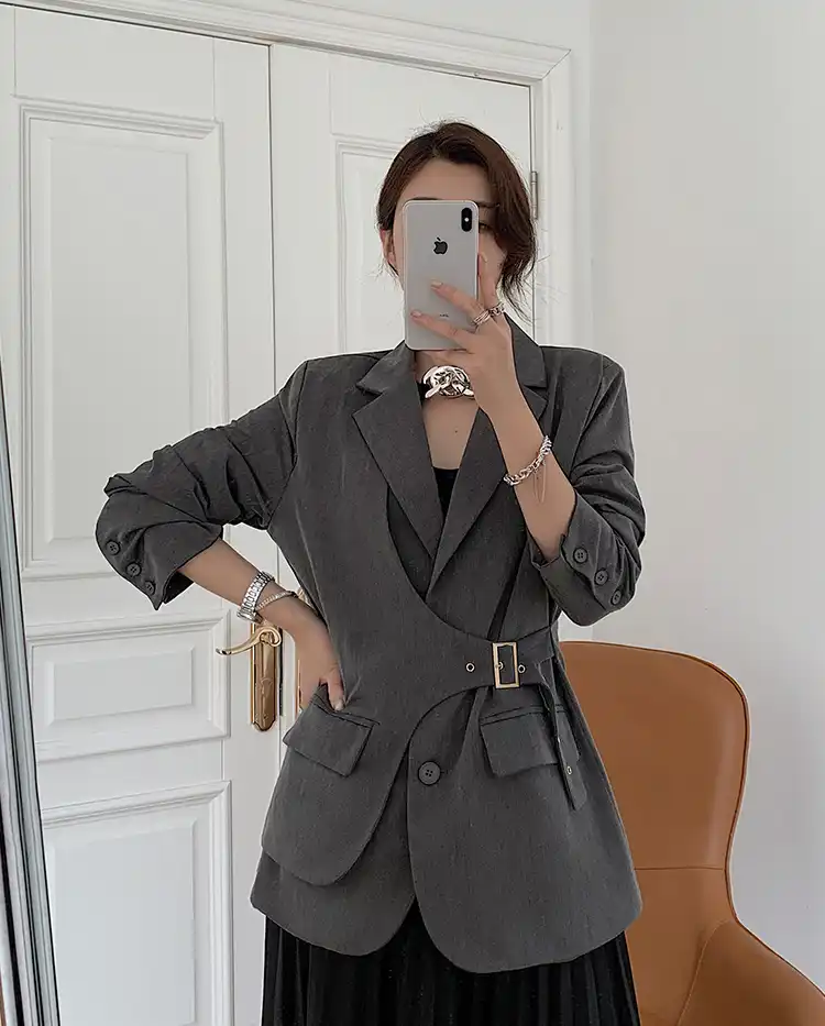 新しいブレザー女性のスーツのジャケットヴィンテージファッションオフィスレディースメタルバックルソリッドグレージャケットカジュアル女性の上着ブレザー ブレザー Aliexpress