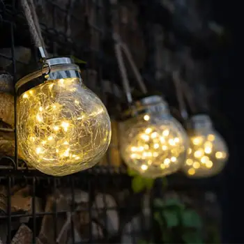 

20LED Solar Lights Crack Ball Glass Jar Coppe Hanging Lamps Outdoor Waterproof Decorate Patry Holiday Ripple Garden Night Light