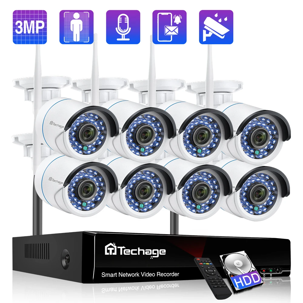 Techage 8CH 3MP Wireless NVR Security Surveillance System Wifi Camera Audio Record Motion Detection Outdoor IP Cameras CCTV kit