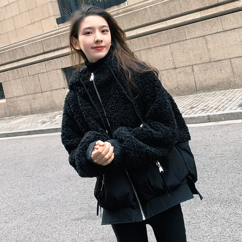 

Photo Shoot 2019 Winter New Style CHIC Korean-style Loose-Fit Hooded Cotton Coat Lambs Wool Joint Short Cotton Overcoat Women's