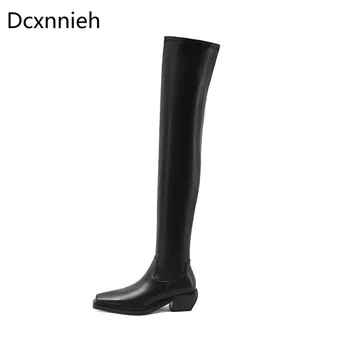

Brown Chunky Low Heel Thigh High Chelsea Boots Women Square Toe Stretch Long Boots Ladies Runway Woman Shoes Winter Women's