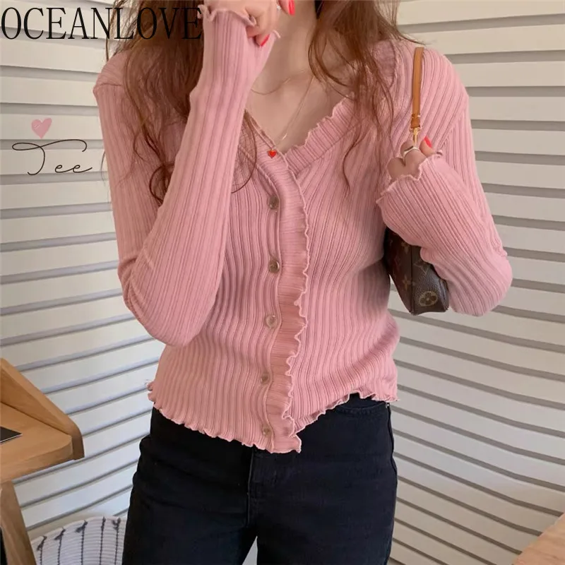 

OCEANLOVE Cardigans Sweet Solid Spring Autumn 2020 Slim Women Sweaters Single Breasted Sexy V Neck Sueter Mujer Korean 15623
