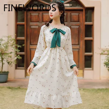 

FINEWORDS Long Sleeve Janpan Kawaii Dandelion Floral Dress Sweet Harajuku Chiffon Dresses Summer Beach Flower Print Boho Dress
