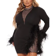 

4XL 5XL Plus Size Dresses for Women Diamond Transparent Full Sleeve Feather Bodycon Mini Length Big Dress Cloth Oversized 2022