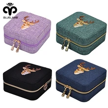 

2021 New Deer Embroidered Design Small Jewelry Box Removable Linen Small Portable Ear Studs Earring Storage Jewellery Organizer