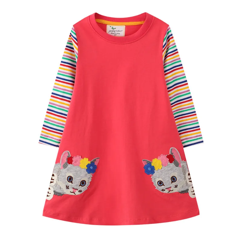 Cat Applique Girls Dresses Cotton Princess Long Sleeve Baby Dress Animals Children Costume Party Cute | Детская одежда и обувь