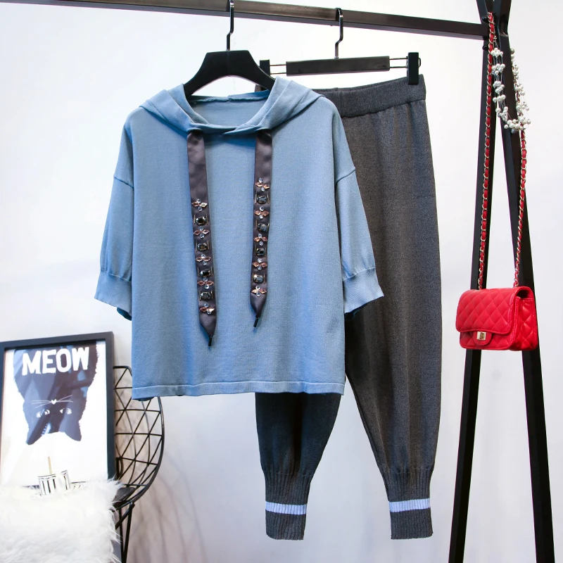 blue shorts sleeve Спортивные костюмы женские комплекты из двух предметов повседневные костюмы с капюшоном осенние свитера с капюшоном+ трикотажные штаны комплект из двух предметов женские комплекты - Цвет: blue shorts sleeve