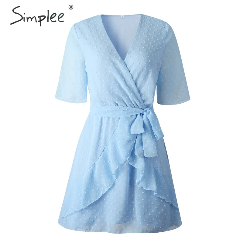 Simplee летнее платье трапециевидной формы с v-образным вырезом и цветочным принтом, женское платье с поясом-поясом, платье с коротким рукавом, Пляжное дамское короткое платье - Цвет: Light blue