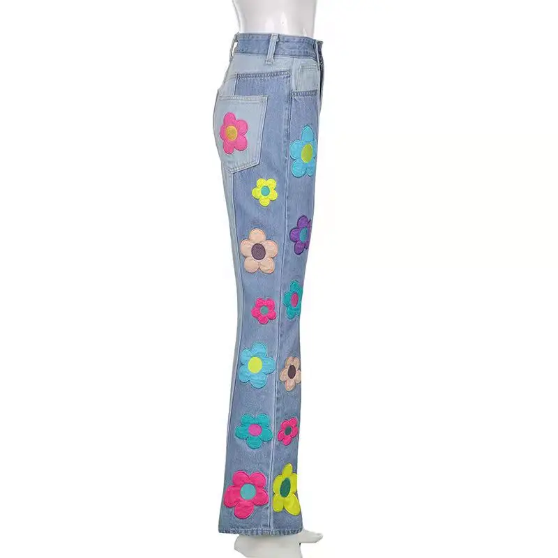 High Waist Embroidery Jeans Casual Fashion Straight Leg Pants Women's Denim Women Clothing Flowers Streetwear Trousers Mom Jeans rock revival jeans