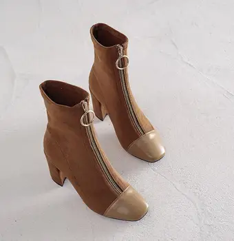 

2019 autumn and winter new leather thick with Martin boots metal high heel zipper stretch women's boots