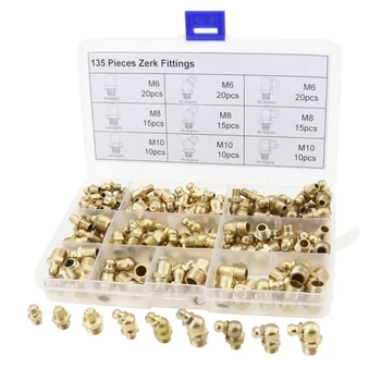 

135 Pieces Brass Zerk Grease Fittings Assortment Kit M6 M8 M10