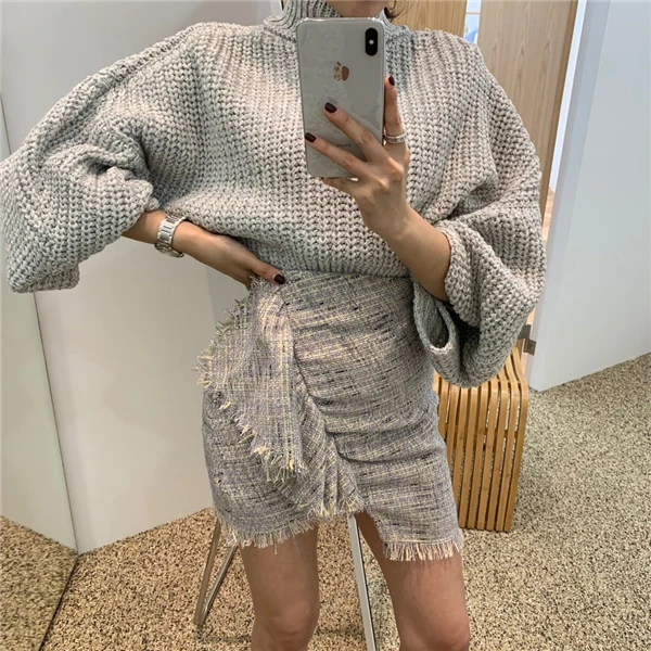 Серый RUGOD Korean solid sweater women elegant lantern sleeve single-breasted turtleneck pullover Fashion auturm women clothes - Цвет: Серый