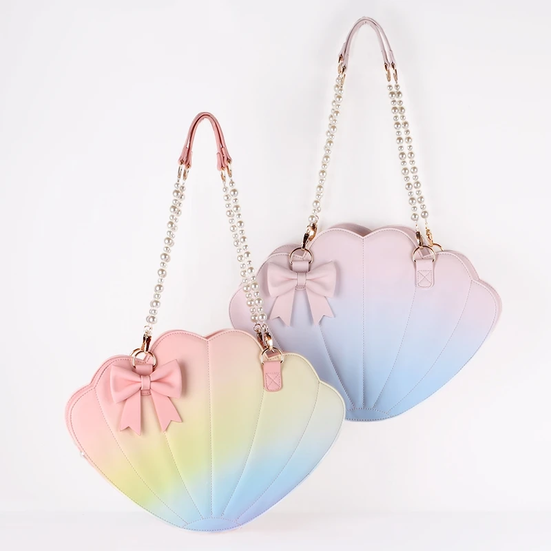 

Sweet lolita big shell bag cute bowknot gradient rainbow printing kawaii girl shoulder bag loli cosplay gothic lolita handbag