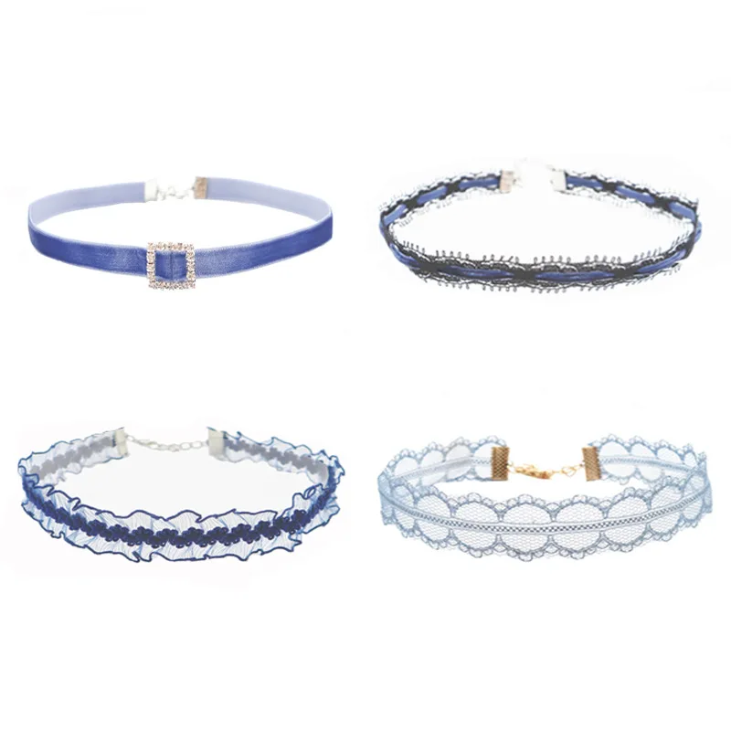 Готический темперамент синий кружевной бархатный колье ожерелье для женщин короткое ожерелье-чокер для шеи ключицы новые ювелирные подарки FS10