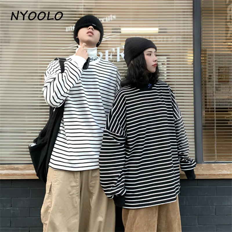 NYOOLO Harajuku уличные буквы вышивка полосатый толстый теплый худи осень зима свободные пуловеры водолазка Толстовка для женщин и мужчин