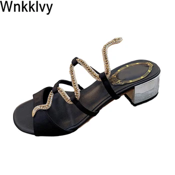 

Summer slippers women 2020 Crystal snake decoration chunky high hell rhinestone gladiatior sandals satin silk wedding shoes