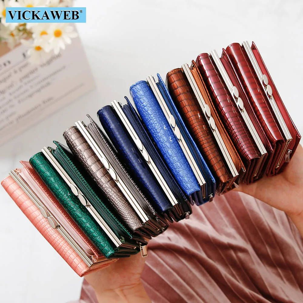 VICKAWEB Women Genuine Leather Short Wallet Female Fashion Purses Ladies Alligator Hasp& Zipper Coin Purse Woman Small Wallets