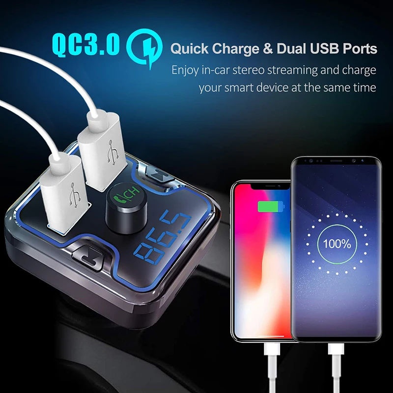 Bluetooth 5,0 QC 3,0 fm-передатчик для автомобильного беспроводного передатчика радиоприемник адаптер с двойным usb тип-c зарядным накопителем TF