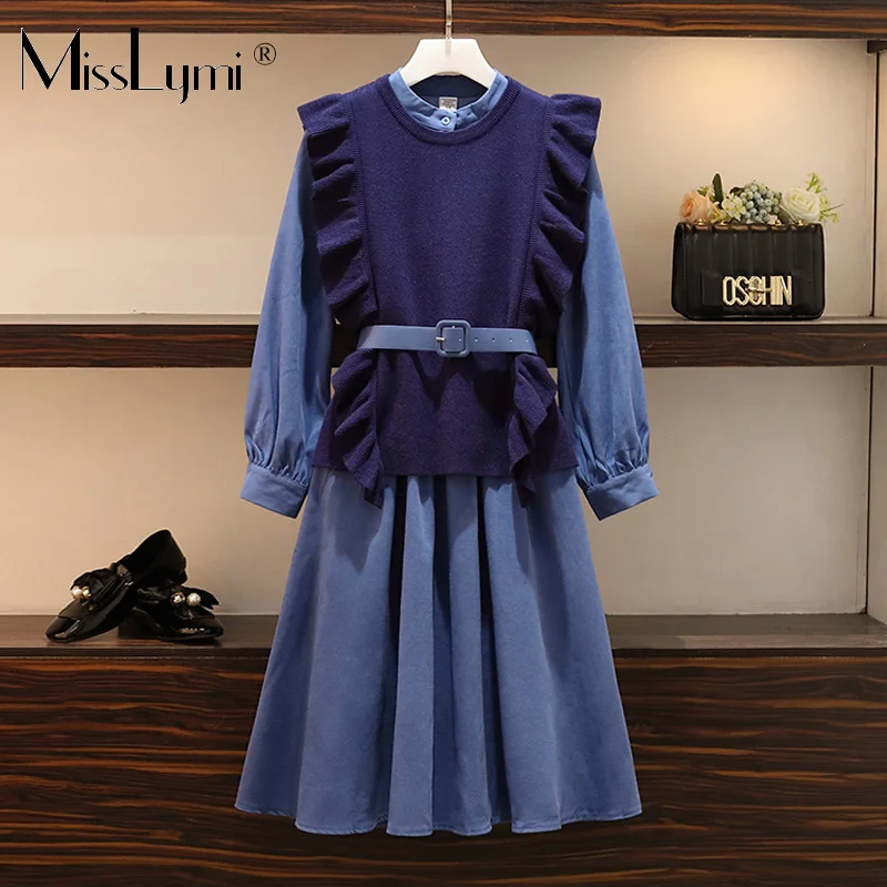 

XL-4XL Plus Size Women Two Piece Dress Autumn Winter 2019 Fashion Rullfe Knitted Vest and Elegant Long Sleeve Shirt Dresses belt