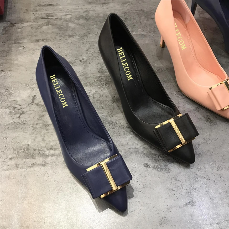 

BELLECOM New spring/summer 2019 fashion elegant pointed bow shallow heels comfortable leather high heel shoes