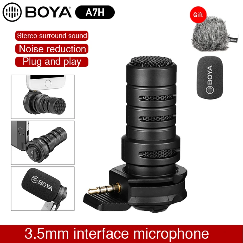 

BOYA BY-A7H 3.5mm Interface Condenser Mic Stereo Video Vlogging Recording Microphone for iPhone Samsung Huawei Youtube Interview