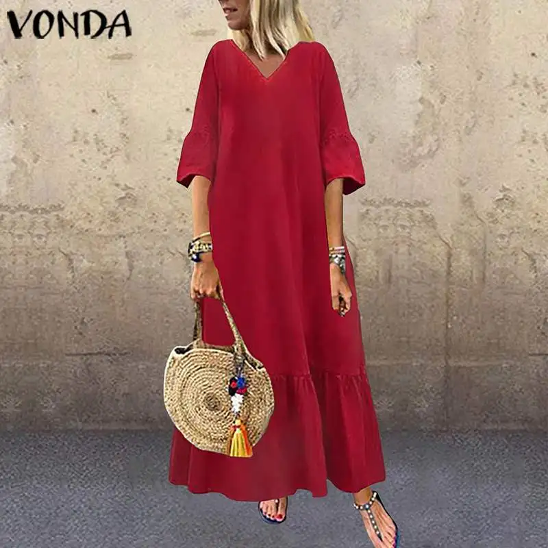 VONDA богемные платья-рубашки с расклешенными рукавами для женщин, летние вечерние платья размера плюс, одноцветные платья для женщин, пляжный сарафан с v-образным вырезом 5XL