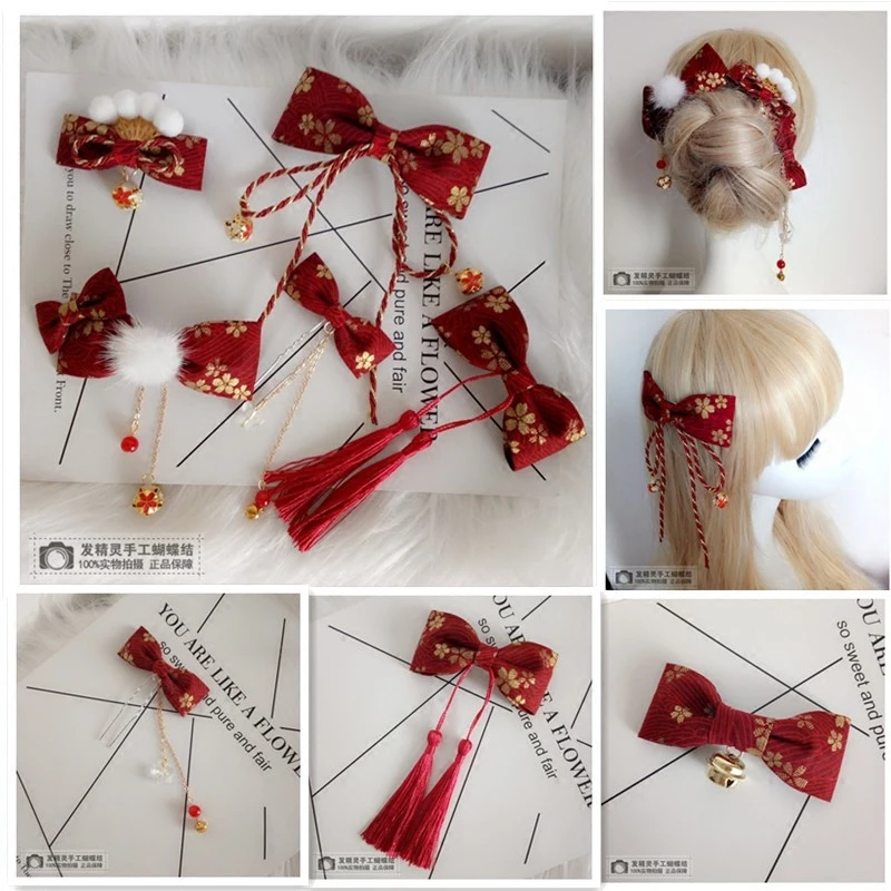 Винно красная заколка для волос Цветочная шпилька Шпилька Kanzashi с кисточками