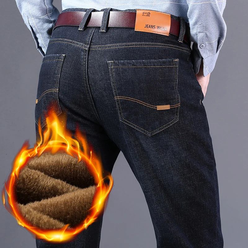 Бесплатная доставка 2019 зимние и бархатные утепленные джинсы мужские деловые