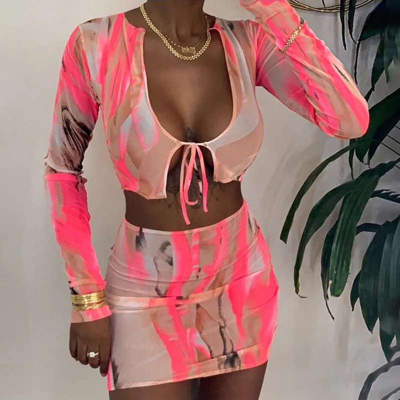 2020 Sexy Women Mesh See Through 2 Pieces Set Open Stitch Lace-up Long Sleeve T-shirt Crop Top High Waist Tie Dyeing Print Skirt 2020 Sexy Women Mesh See Through 2 Pieces Set Open Stitch Lace-up Long Sleeve T-shirt Crop Top High Waist Tie Dyeing Print Skirt