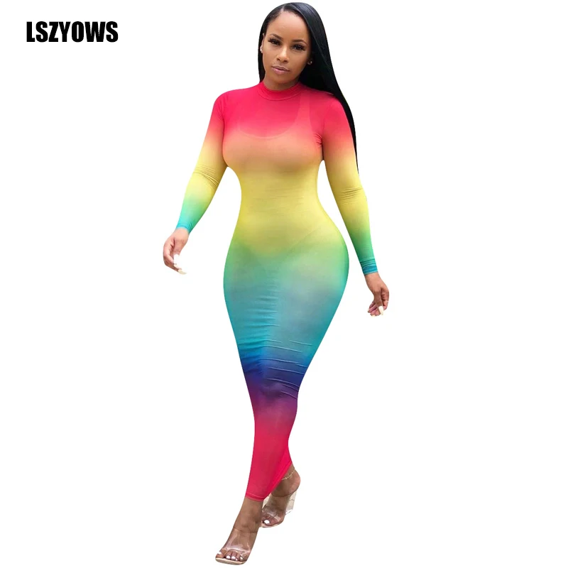 

Rainbow Gradient Print Long Dress Women Full Sleeve Pencil Bodycon Dresses 2019 Autumn Ladies Casual Party Streetwear Maxi Dress