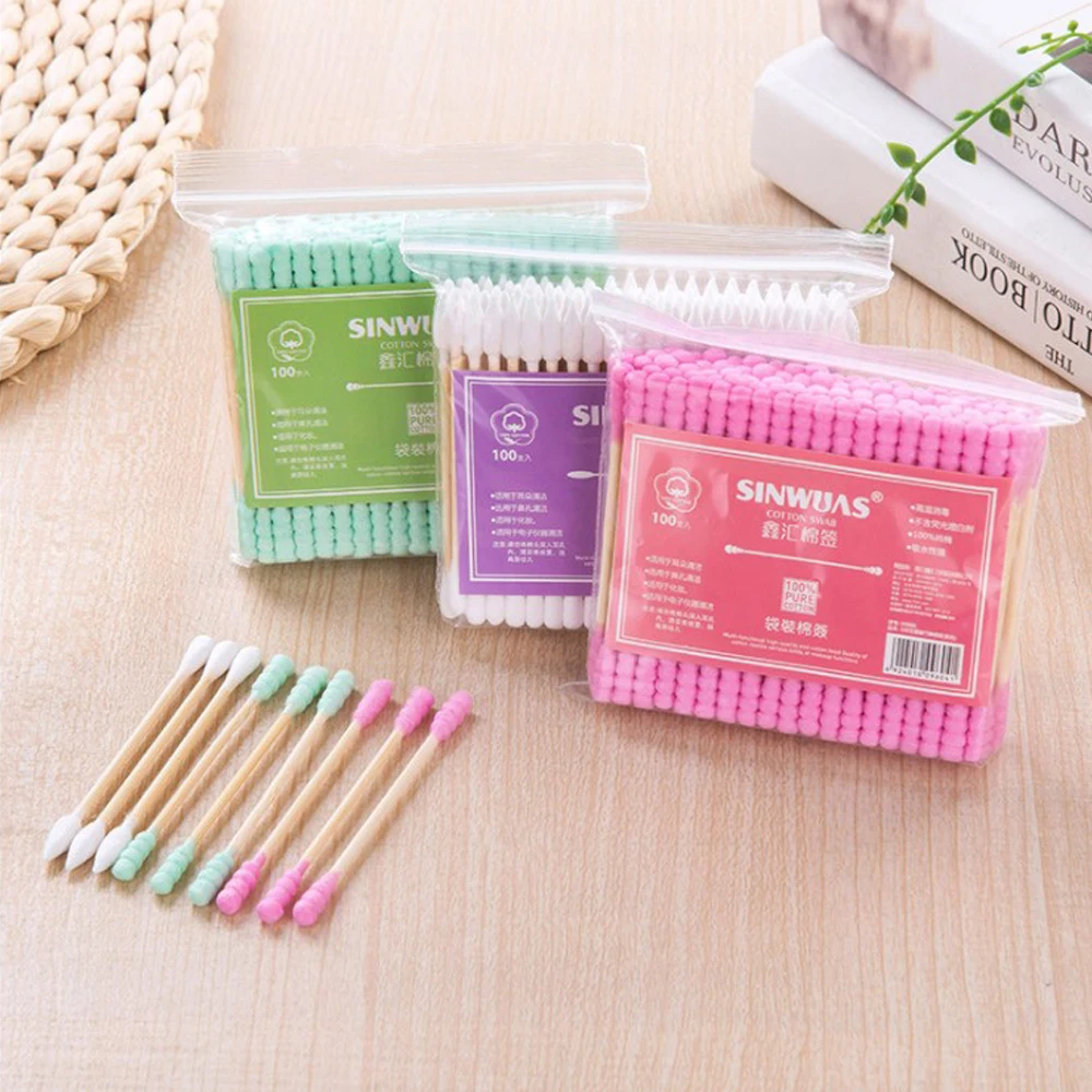 100PCS/Pack Double Head Cotton Swab Women Makeup Buds Tip For Medical Wood Sticks Nose Ears Cleaning Tools