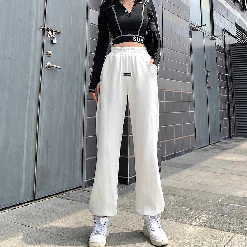 

Casaul Elastic High Waist Letter Embroidery White Sweatpants Joggers Women 2020 Autumn Harajuku Thick Trouser Black y2k Pants