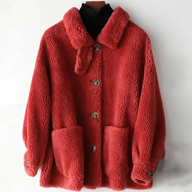Женское плюшевое пальто из искусственного меха, осенне-зимняя плюшевая куртка с отложным воротником и пуговицами, плотная шерстяная теплая верхняя одежда Kawaii, модная - Цвет: Красный
