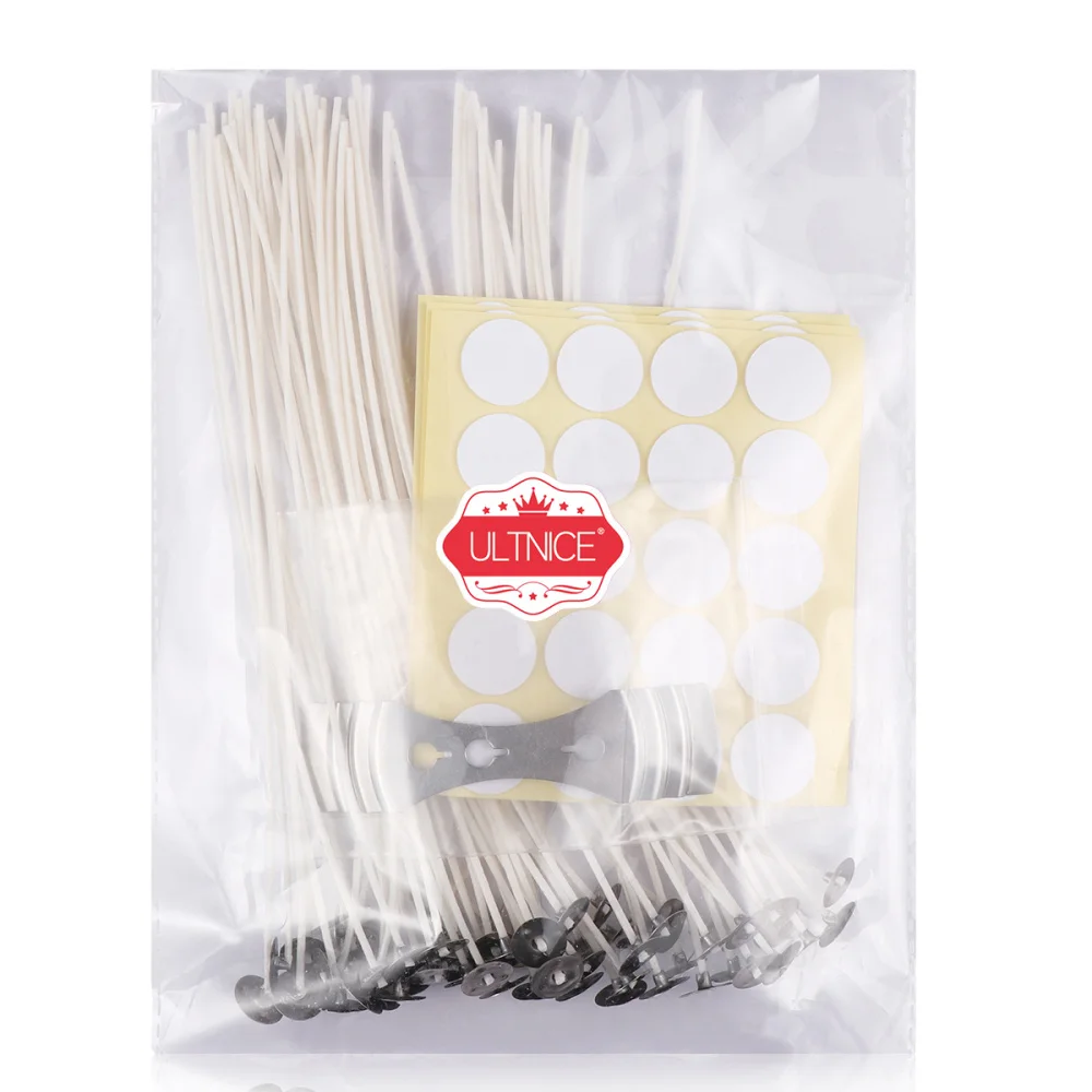 ULTNICE 60pcs Low Smoke Candle Wick with 60pcs Candle Wick Stickers and Candle Wick Centering Device for Candle Making 