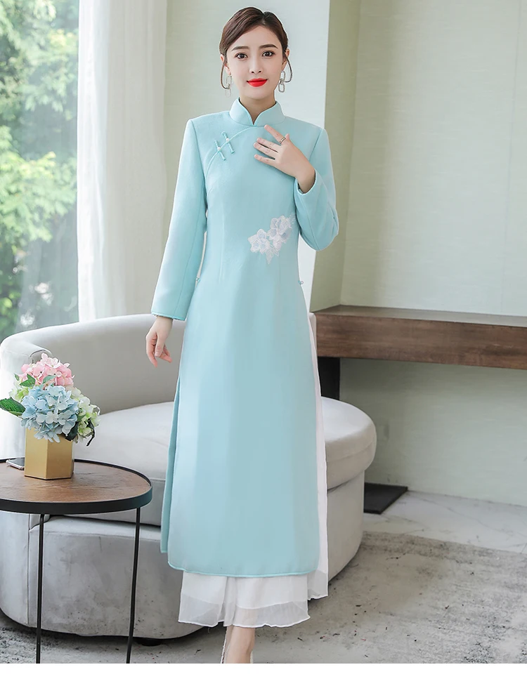 Народный стиль Вьетнам Aodai Платья Женская Осень Зима вьетнамская одежда утолщенная Cheongsam Азия одежда Винтаж Ao Dai платье
