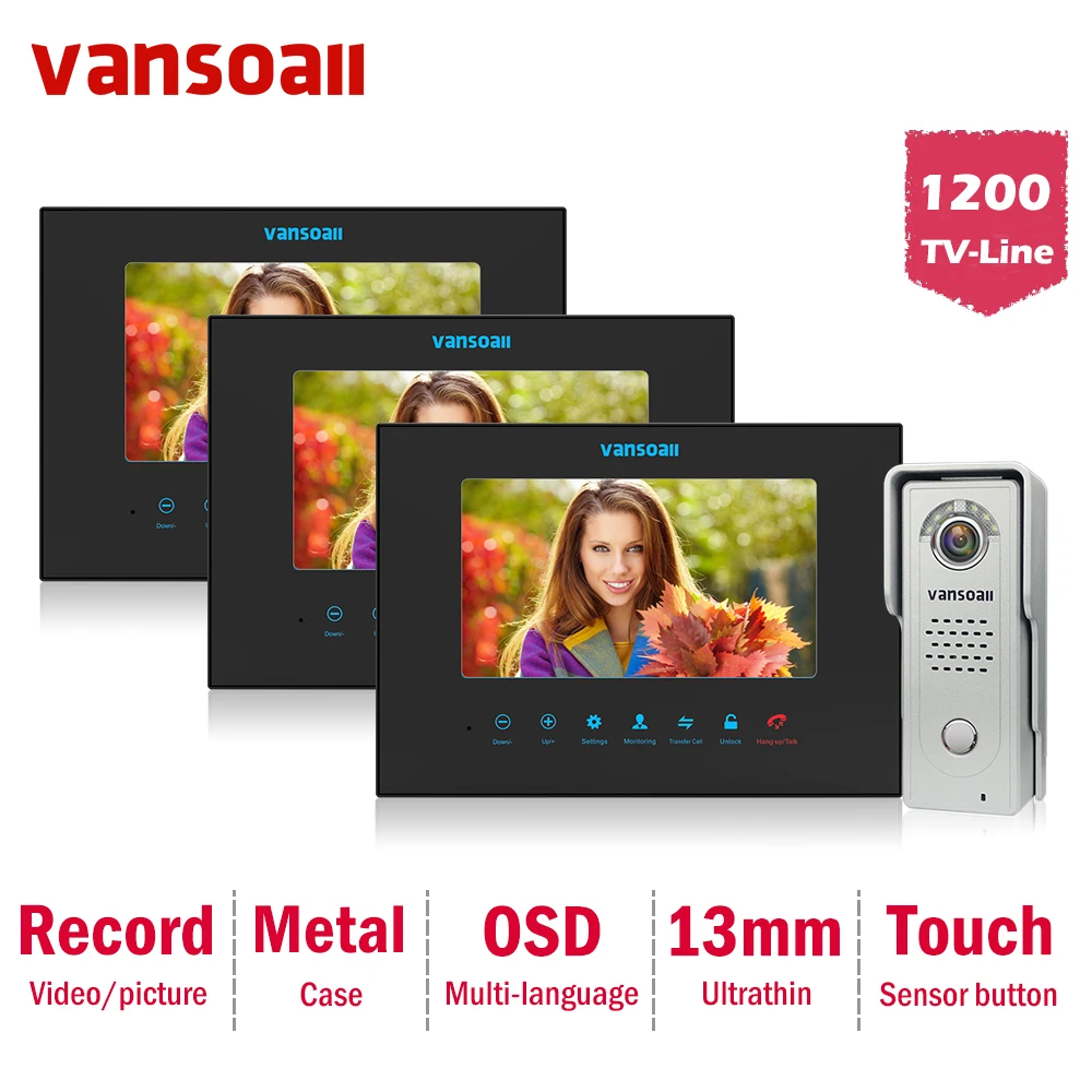 Vansoall Intercom Video Door Phone Three 7 inch Monitor With 1200TVL Doorbell Camera Video doorbell Intercom support sd card Vansoall Intercom Video Door Phone Three 7 inch Monitor With 1200TVL Doorbell Camera Video doorbell Intercom support sd card