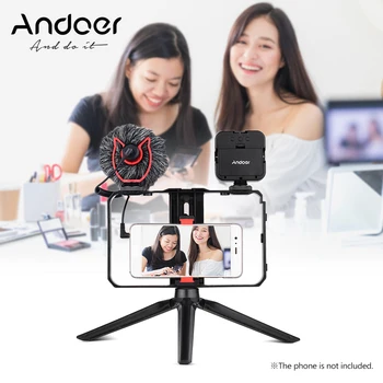 

Andoer Smartphone Video Cage Kit Mini LED Light+Microphone+Handheld Phone Video Bracket+Mini Tripod for Phone Video Recording